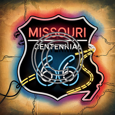 Missouri-shaped centennial shield with old map background
